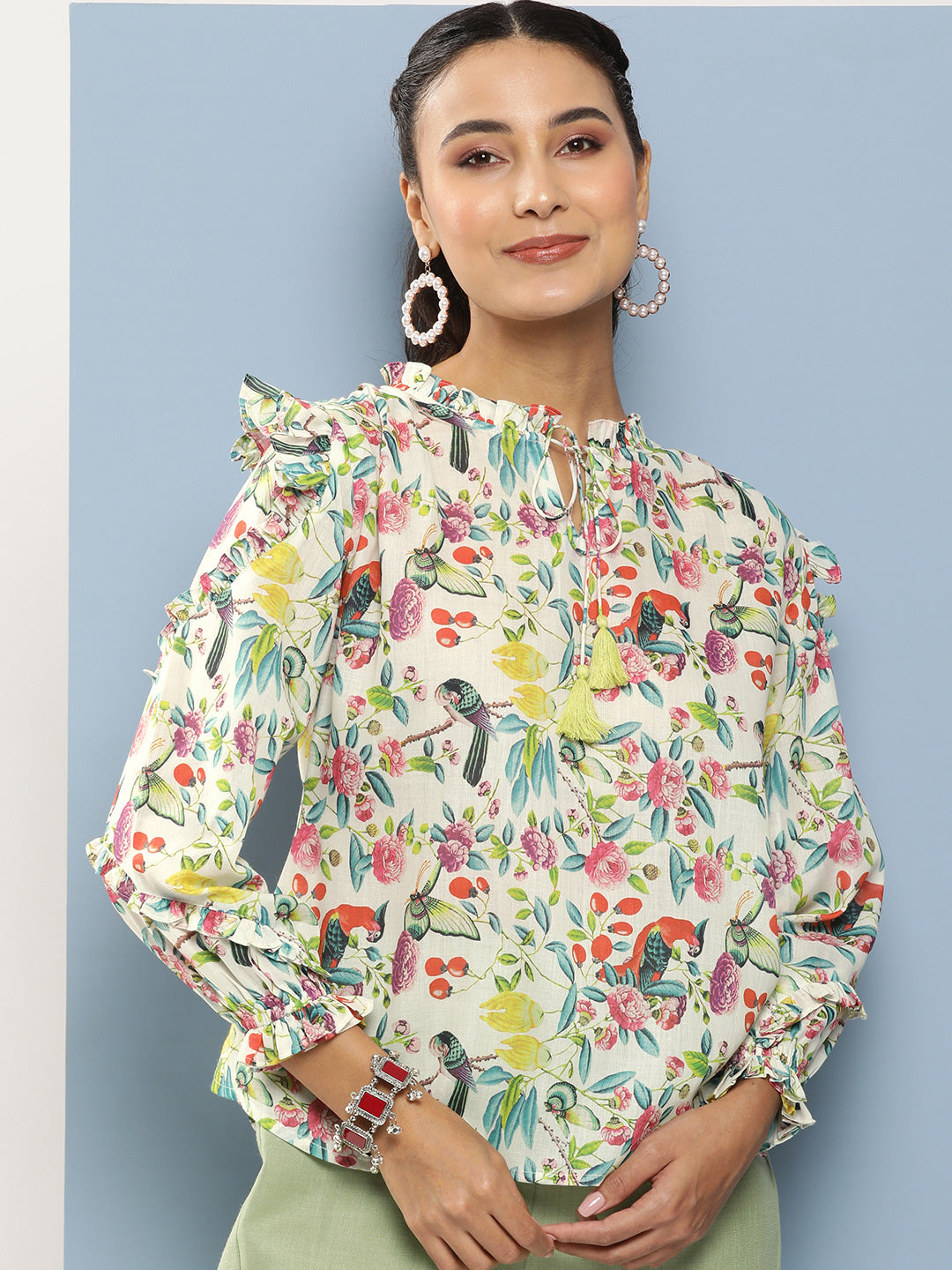 Bhama Couture Off-White Printed Ruffle Top