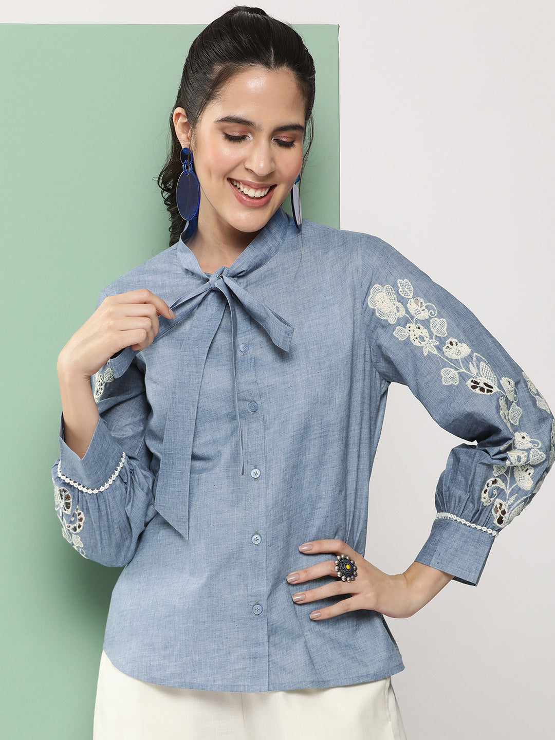 Bhama Couture Blue Embroidered Shirt Style Top