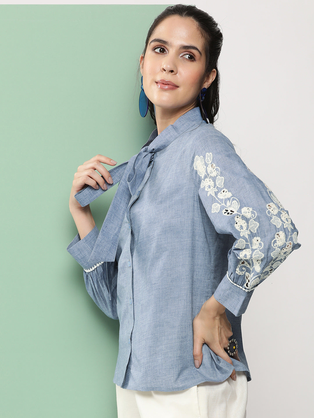 Bhama Couture Blue Embroidered Shirt Style Top