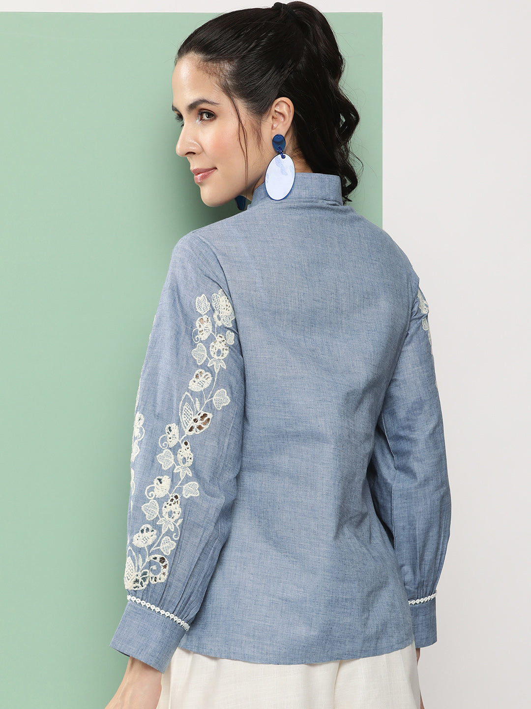 Bhama Couture Blue Embroidered Shirt Style Top