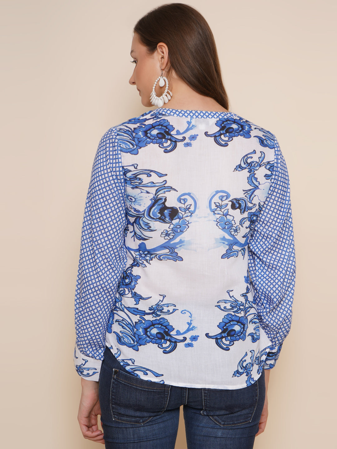 Bhama Couture Blue & White Printed Shirt Style Top