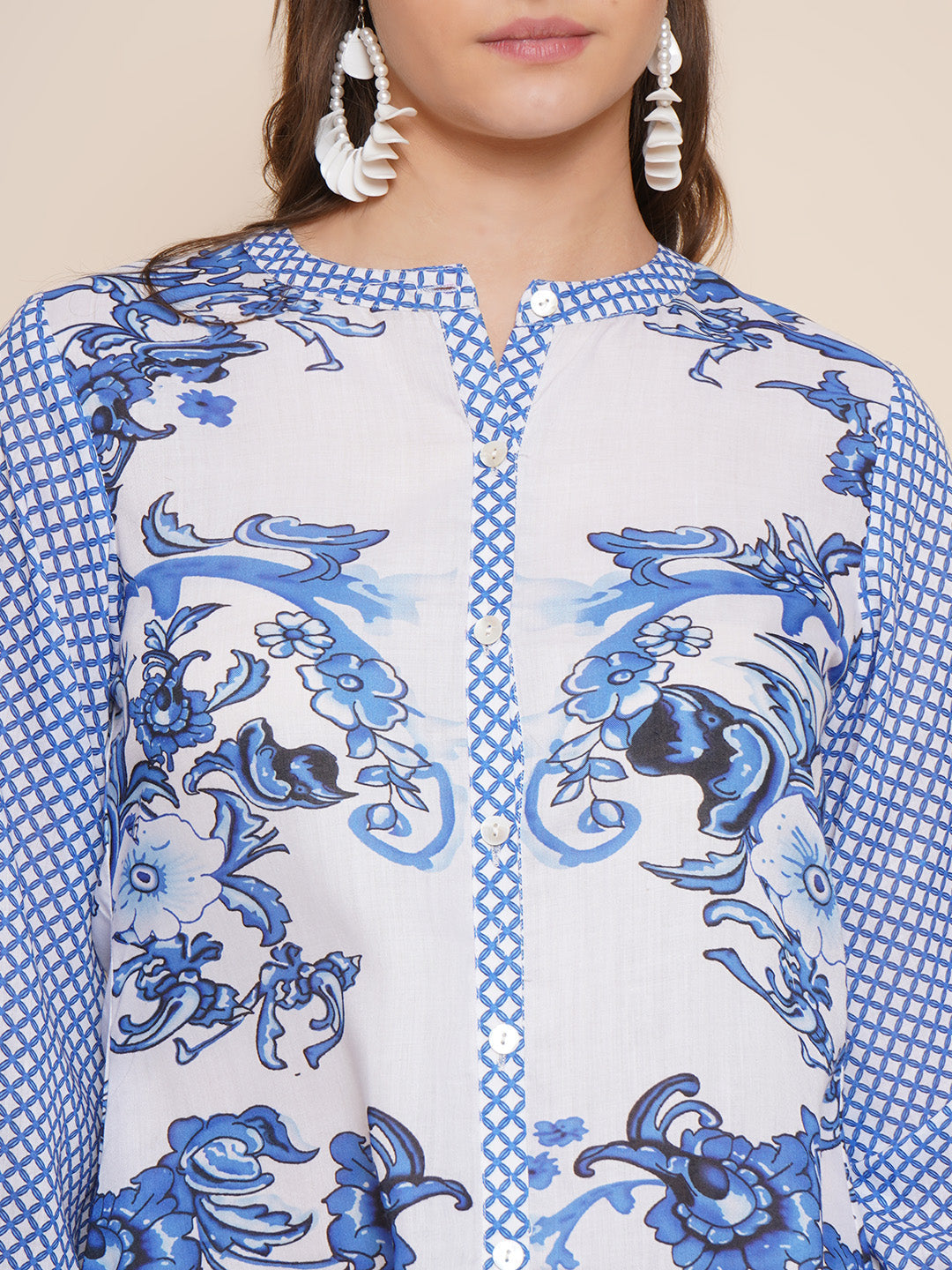 Bhama Couture Blue & White Printed Shirt Style Top