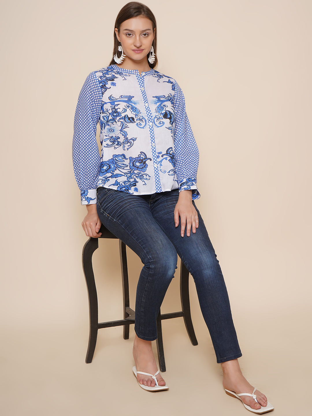 Bhama Couture Blue & White Printed Shirt Style Top