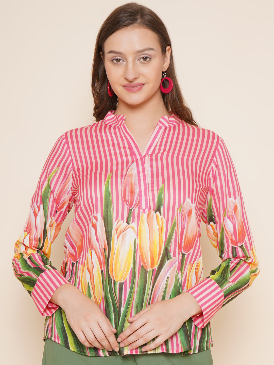 Bhama Couture Pink Floral With Stripes Printed Top