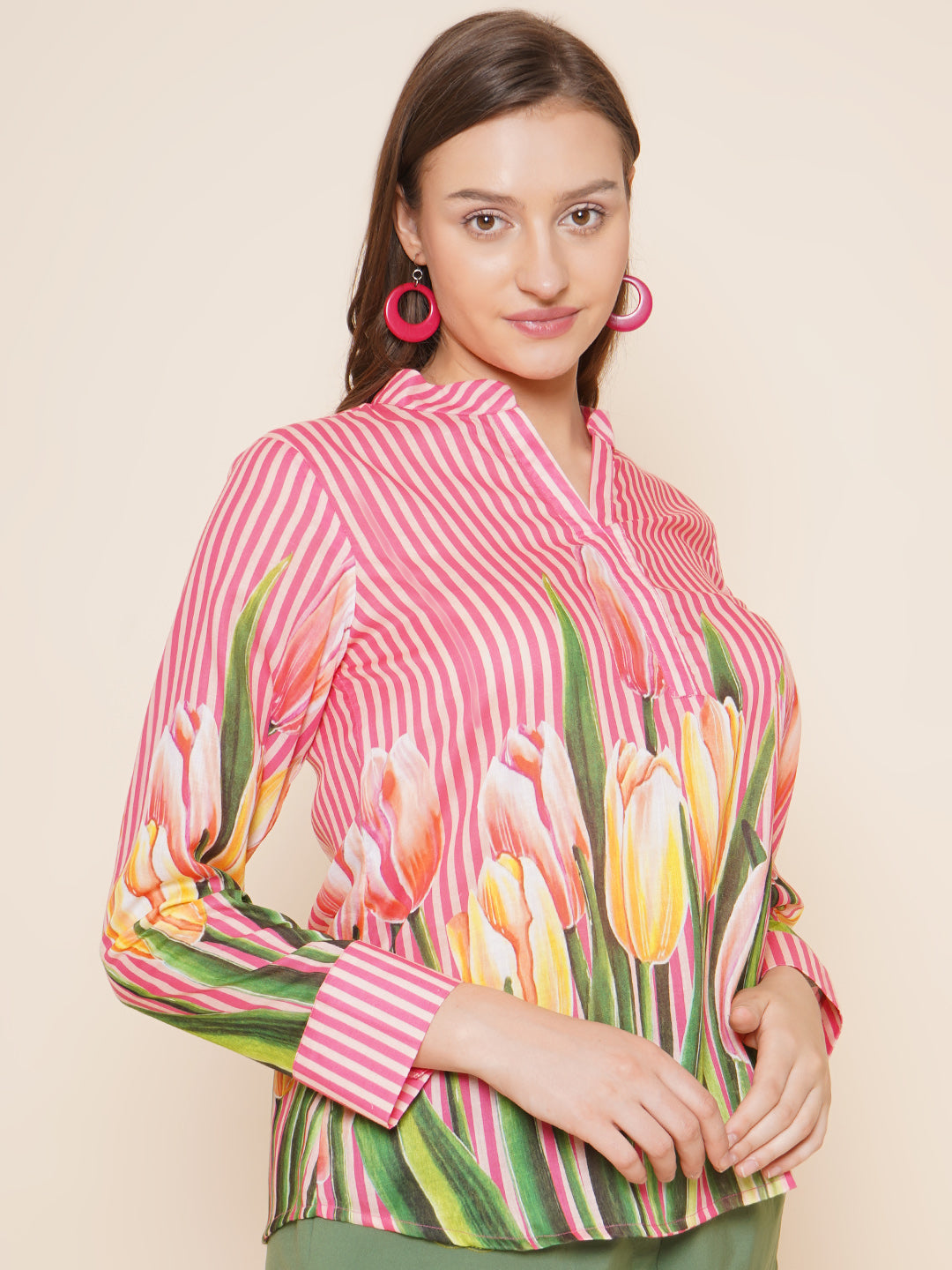 Bhama Couture Pink Floral With Stripes Printed Top