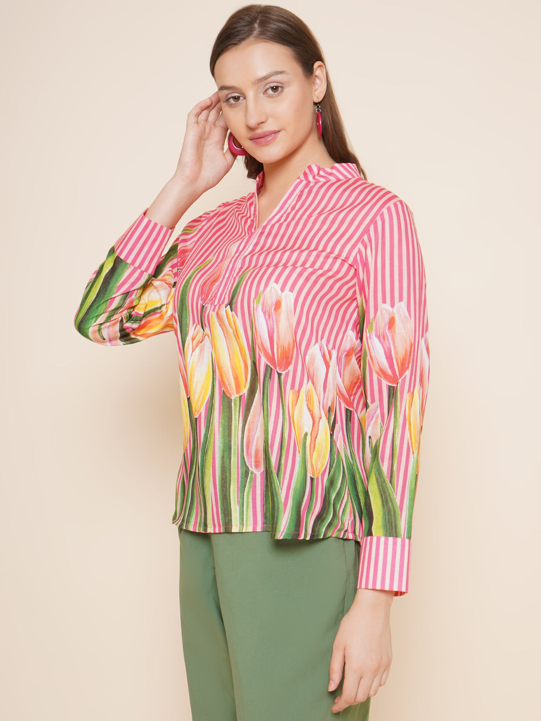 Bhama Couture Pink Floral With Stripes Printed Top