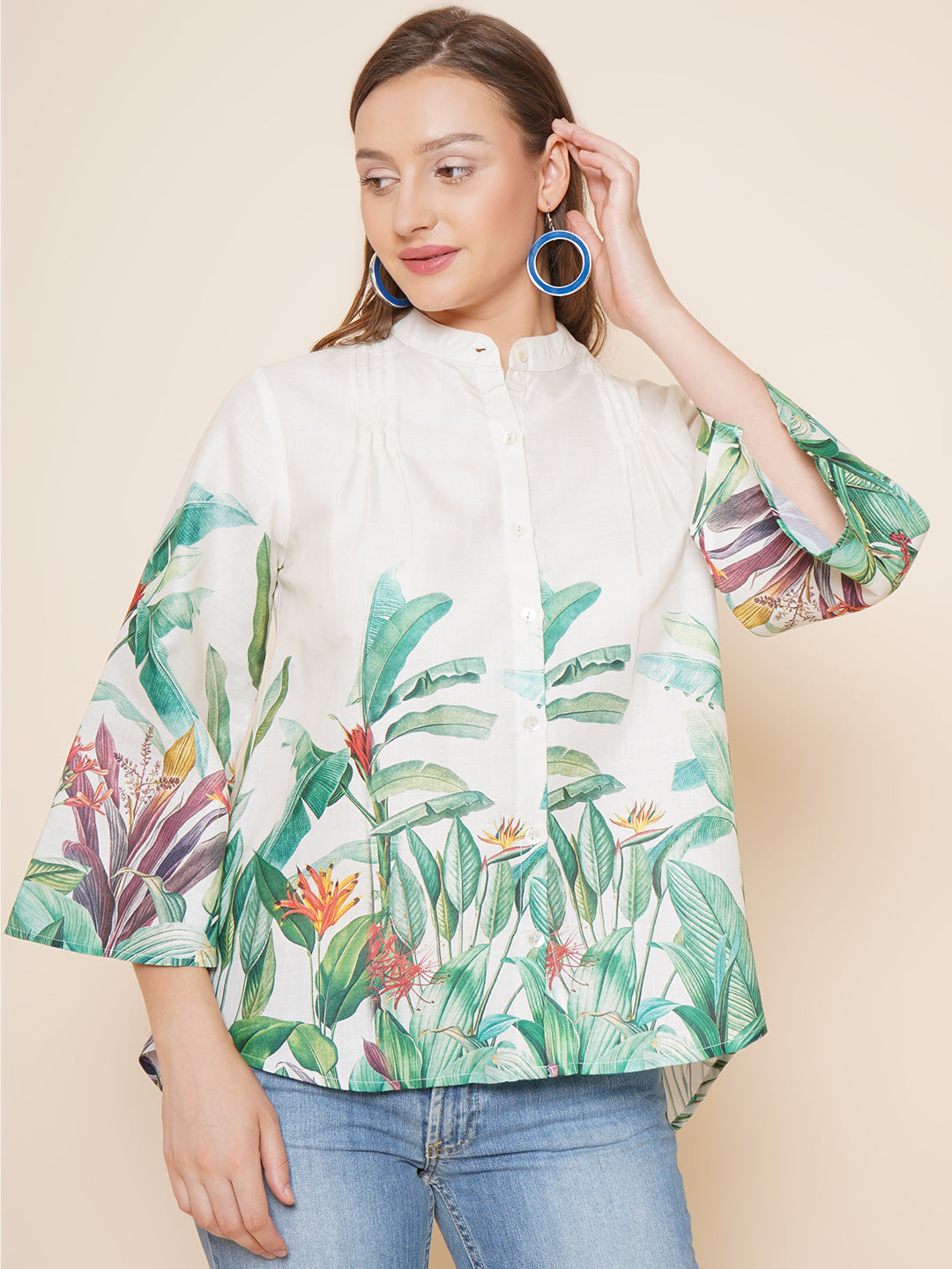 Bhama Couture Off White Green Printed Shirt Style Top