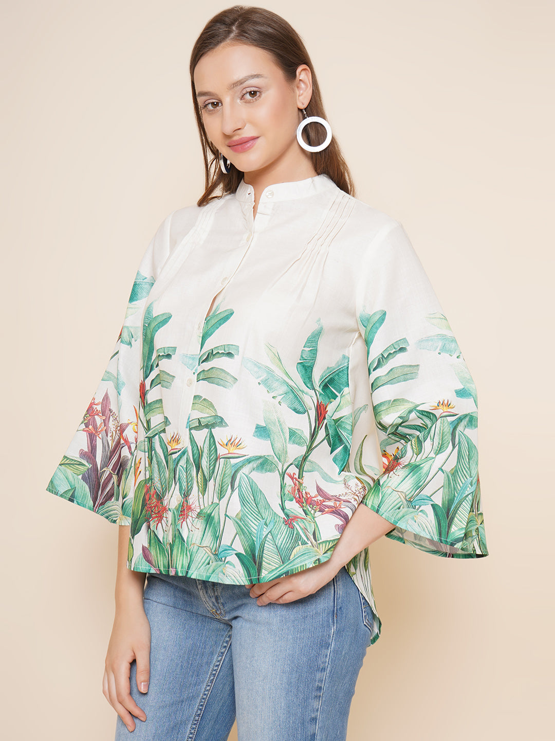 Bhama Couture Off White Green Printed Shirt Style Top