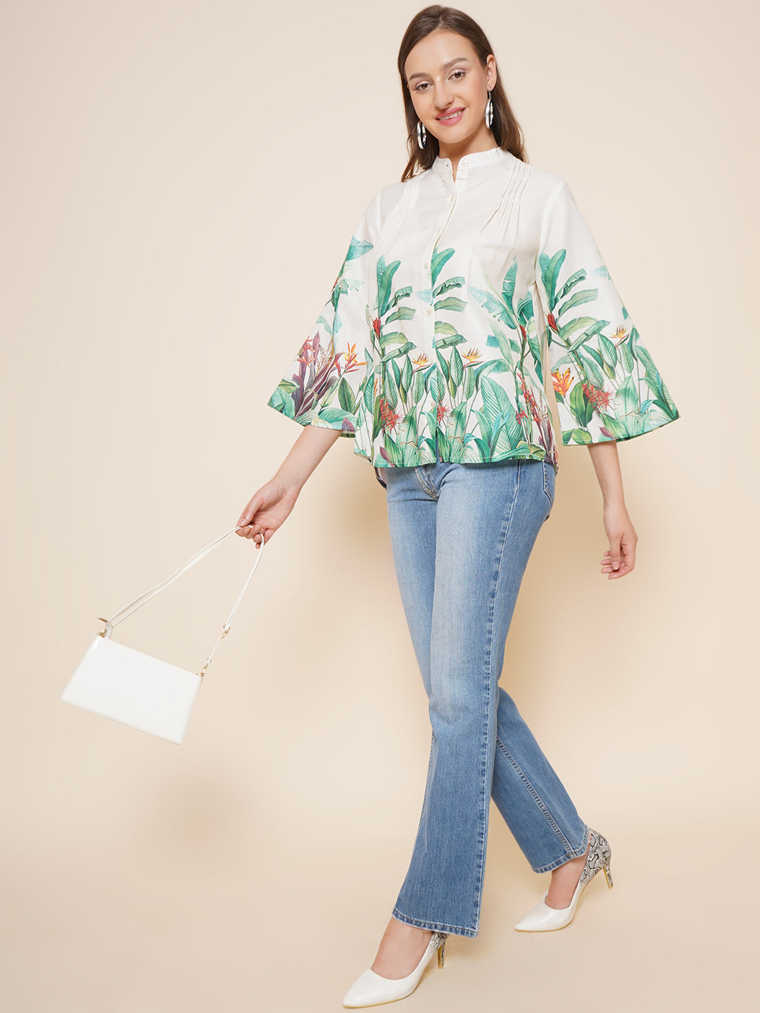 Bhama Couture Off White Green Printed Shirt Style Top