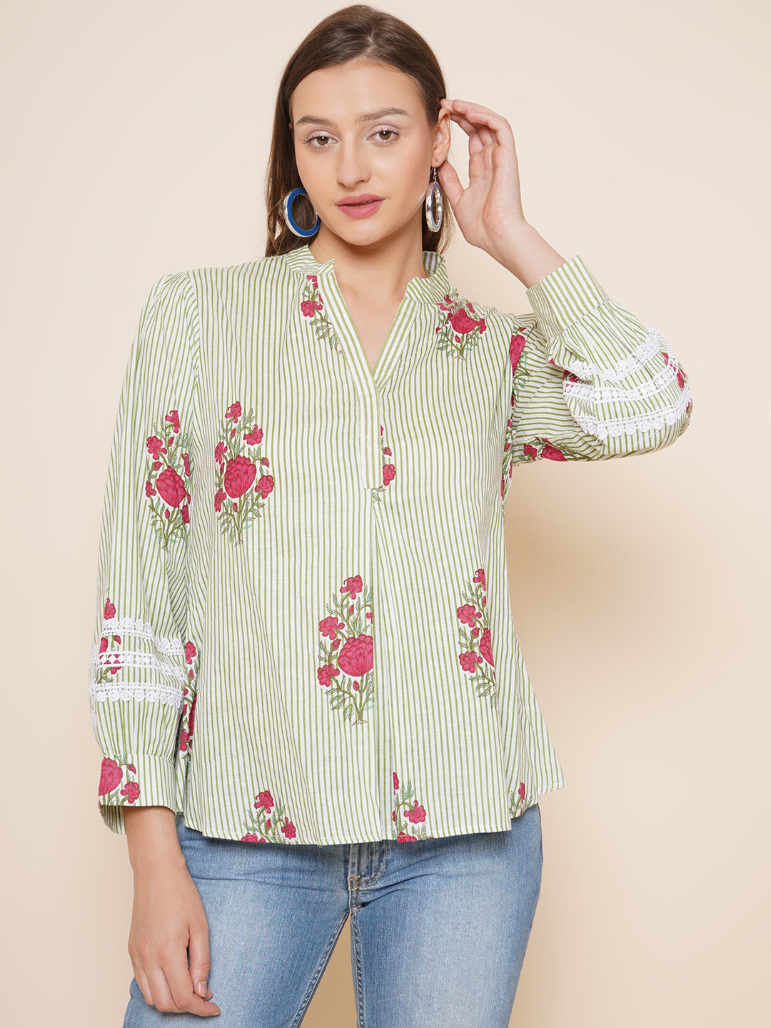 Bhama Couture Green Stripe Floral Printed Shirt Style Top