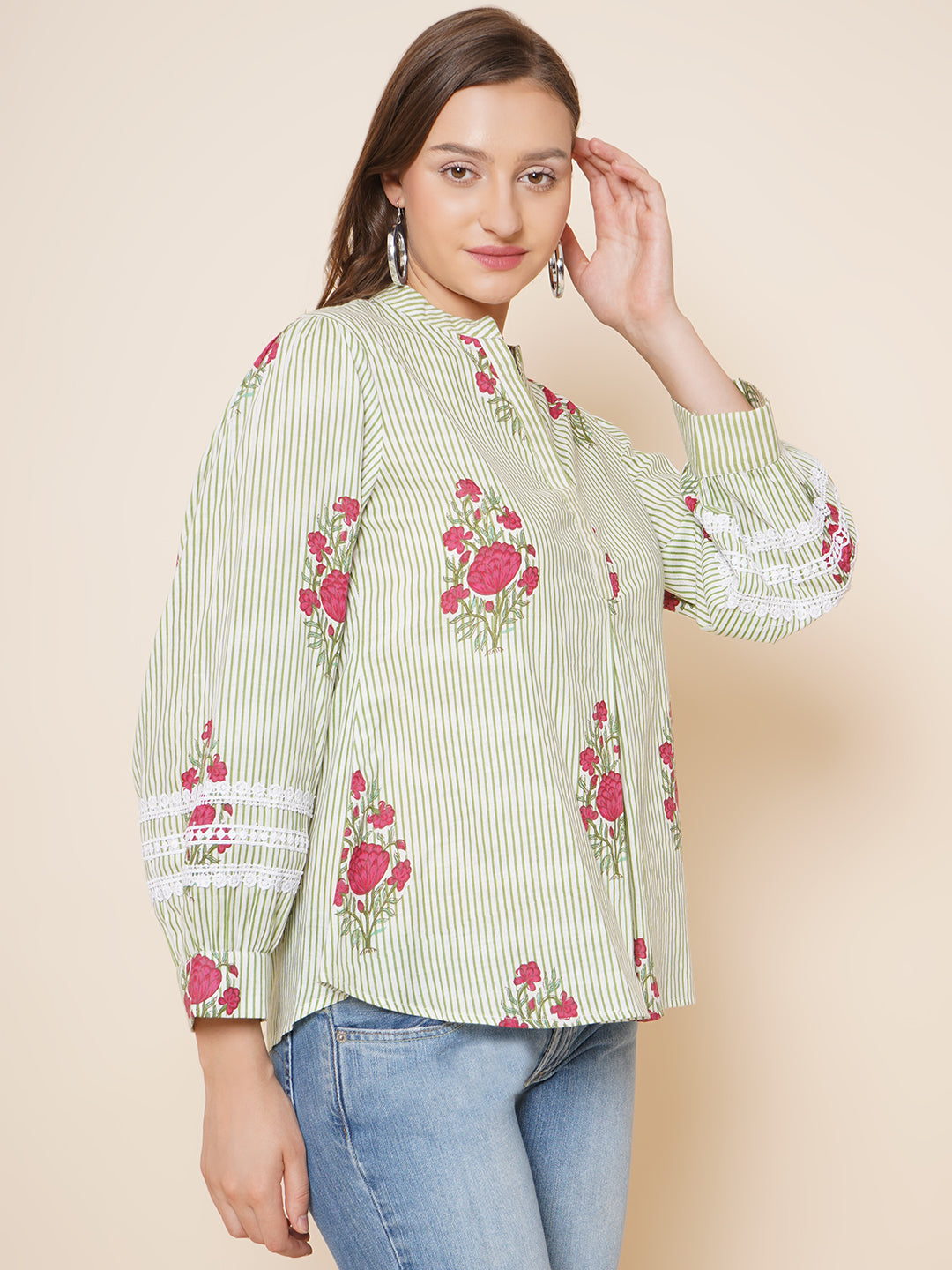 Bhama Couture Green Stripe Floral Printed Shirt Style Top