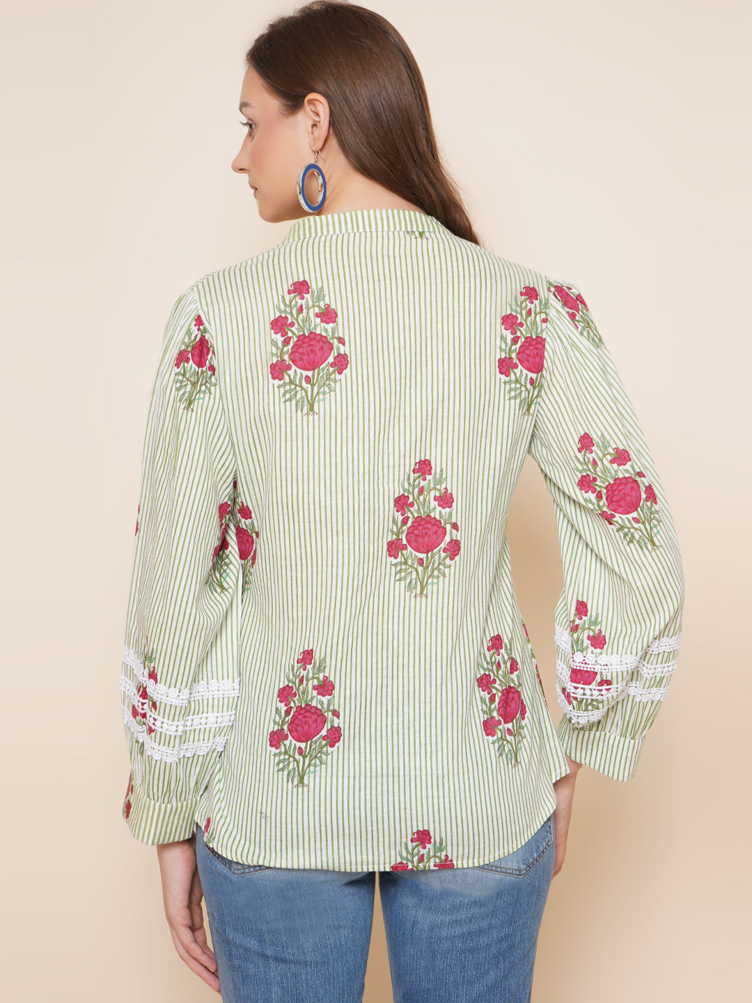 Bhama Couture Green Stripe Floral Printed Shirt Style Top