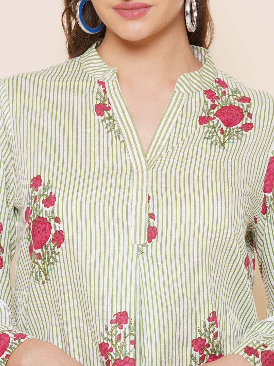 Bhama Couture Green Stripe Floral Printed Shirt Style Top