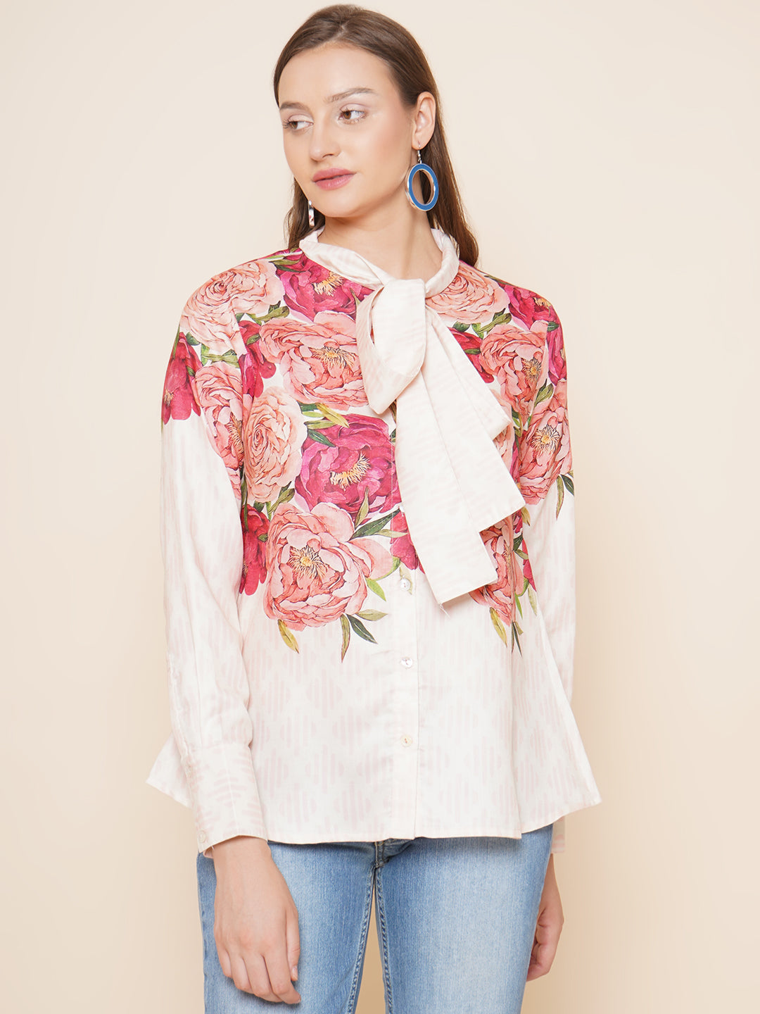 Bhama Couture Beige Floral Printed Shirt Style Top