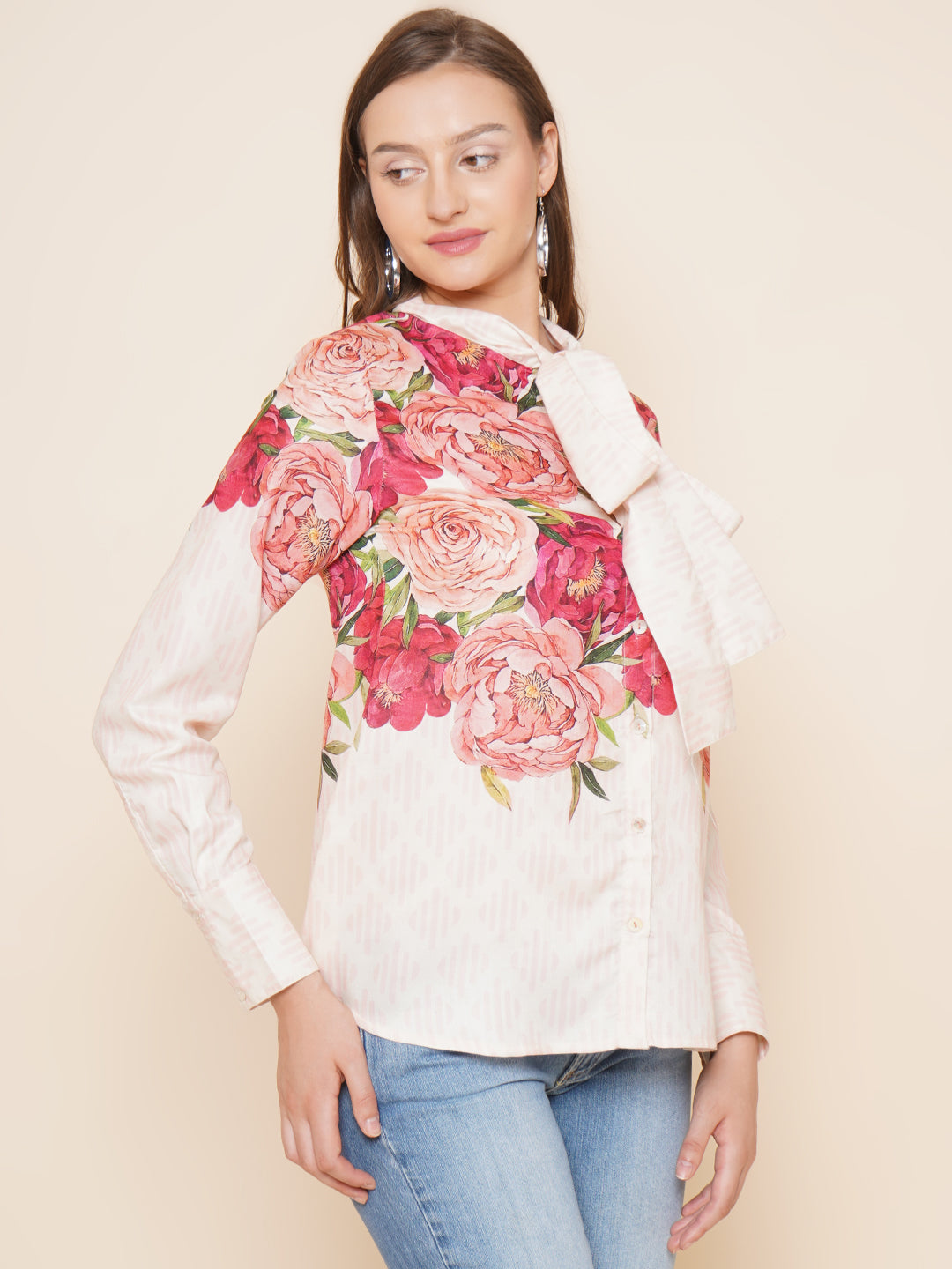 Bhama Couture Beige Floral Printed Shirt Style Top