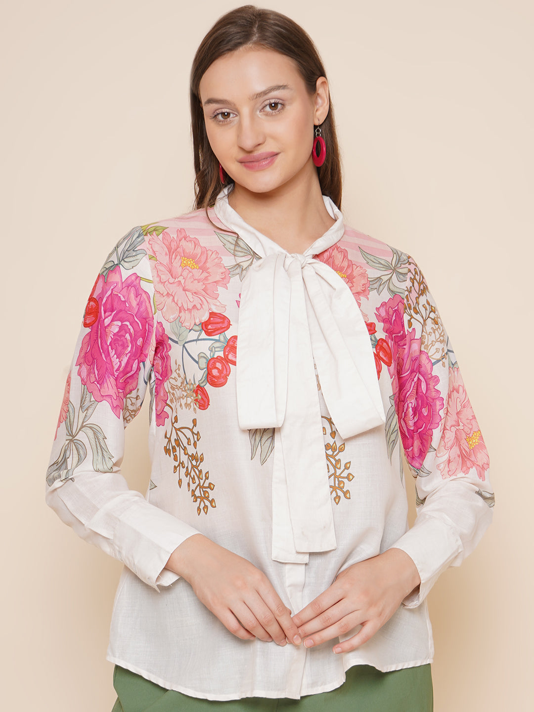 Bhama Couture Beige & Pink Printed Shirt Style Top