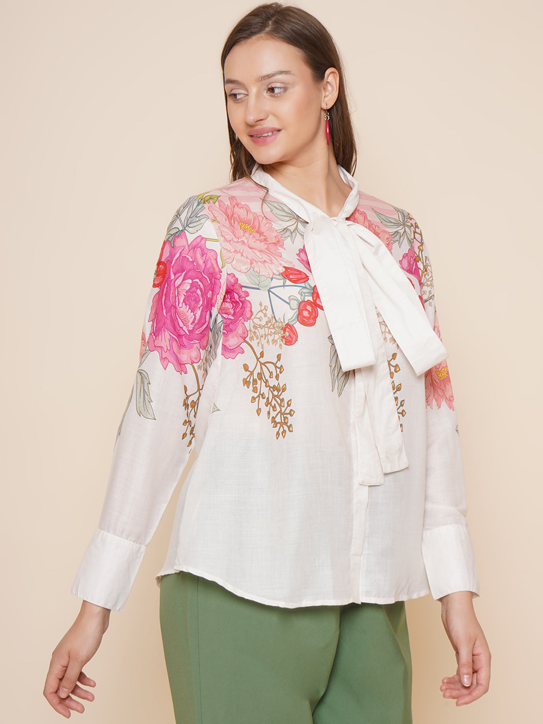 Bhama Couture Beige & Pink Printed Shirt Style Top