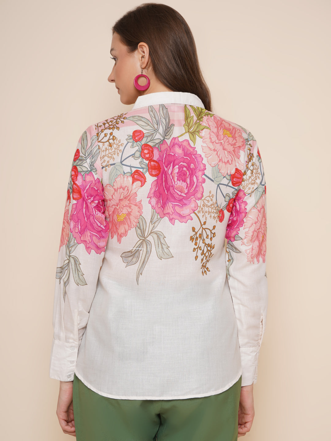 Bhama Couture Beige & Pink Printed Shirt Style Top