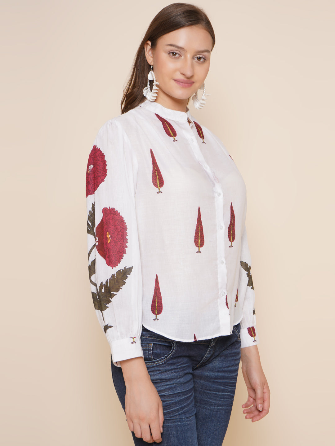 Bhama Couture White & Maroon Printed Shirt Style Top