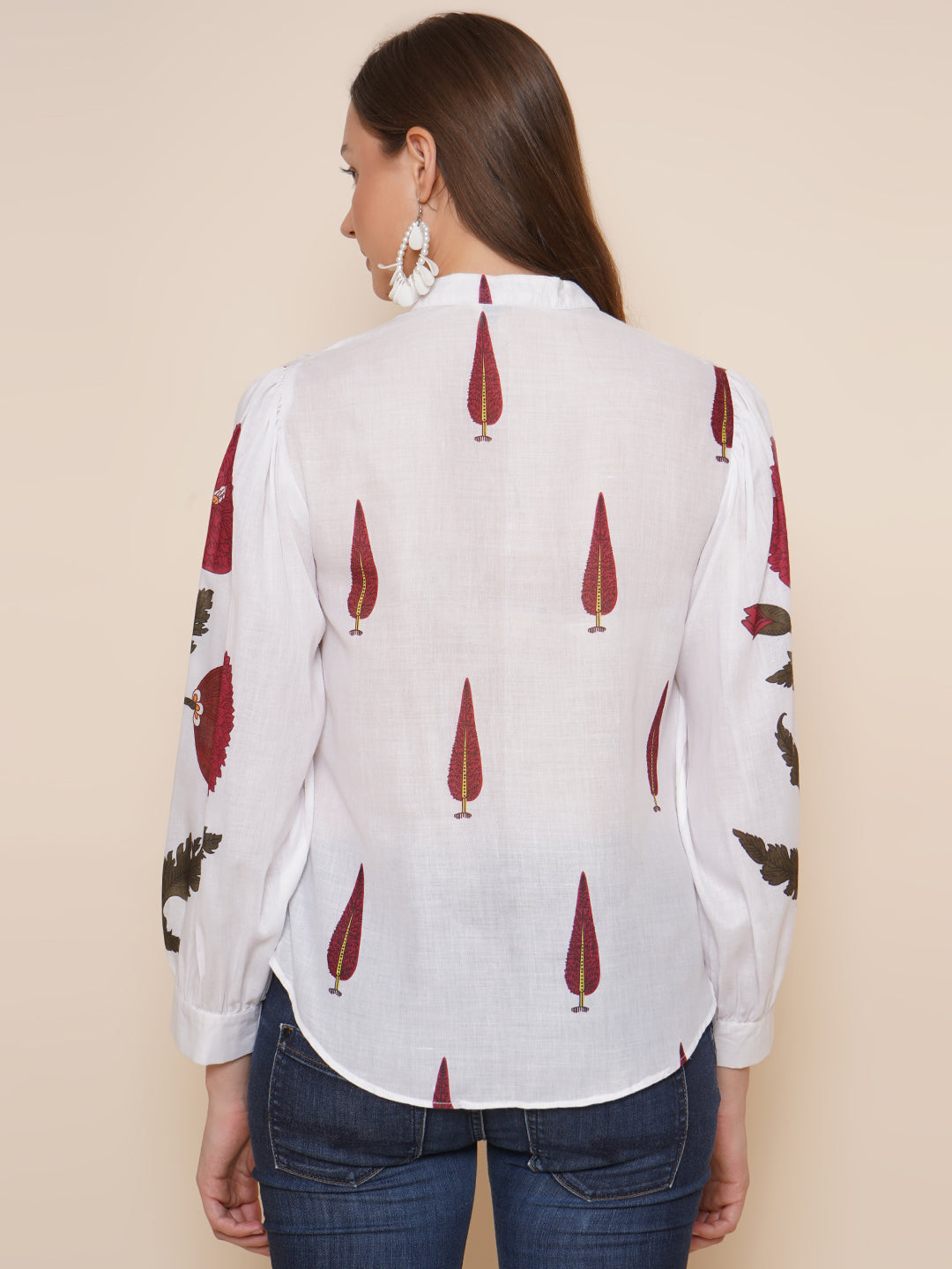 Bhama Couture White & Maroon Printed Shirt Style Top