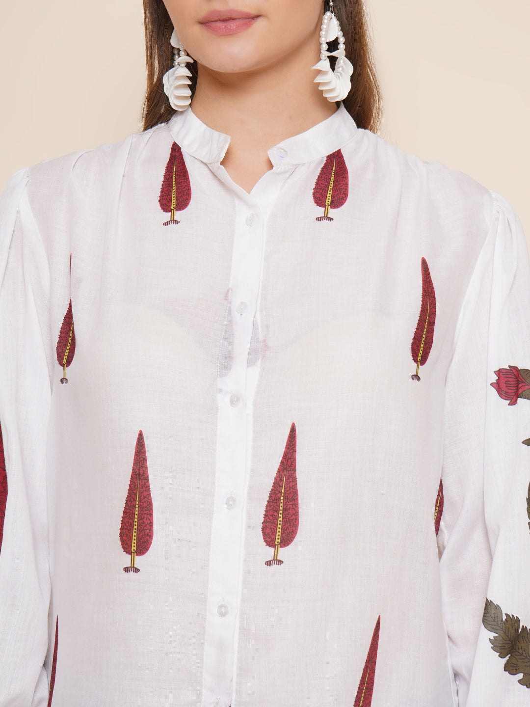 Bhama Couture White & Maroon Printed Shirt Style Top