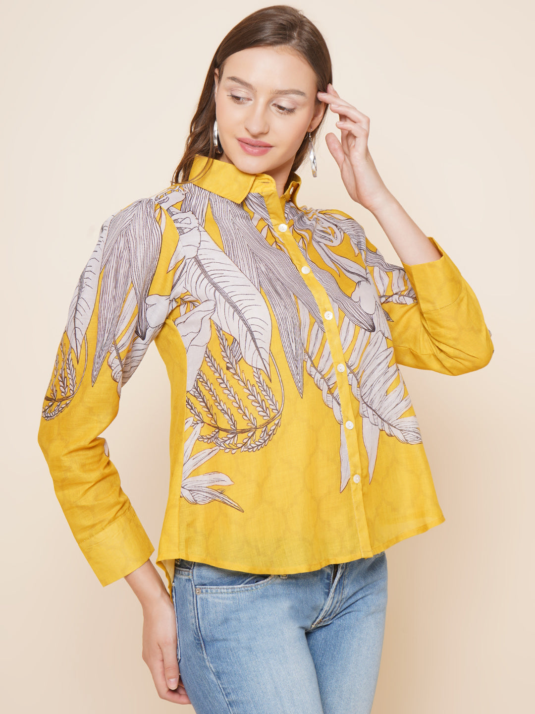 Bhama Couture Yellow & Grey Printed Shirt Style Top