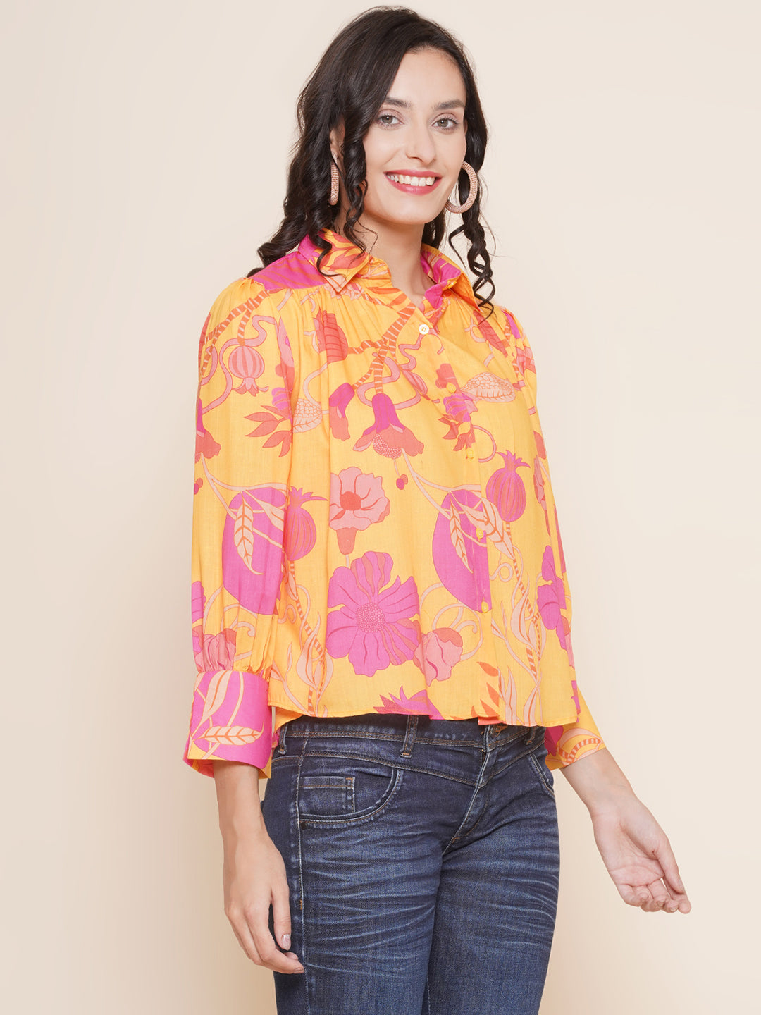 Bhama Couture Mustard Yellow Printed Shirt Style Top