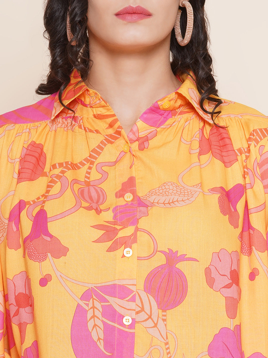 Bhama Couture Mustard Yellow Printed Shirt Style Top
