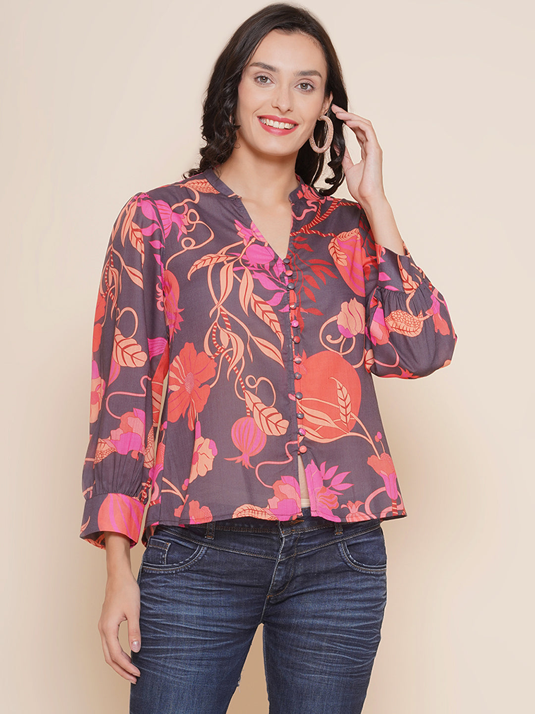 Bhama Couture Black Printed Shirt Style Top