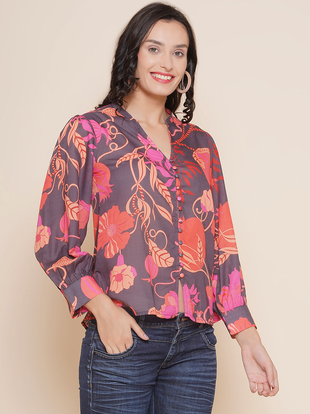 Bhama Couture Black Printed Shirt Style Top