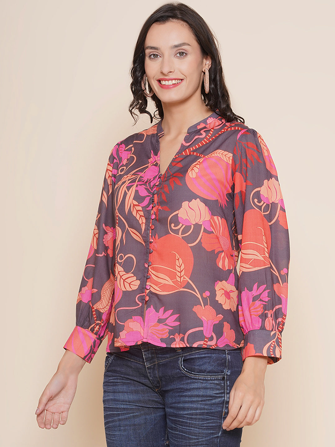 Bhama Couture Black Printed Shirt Style Top