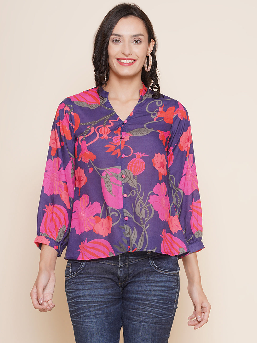 Bhama Couture Purple Printed Shirt Style Top