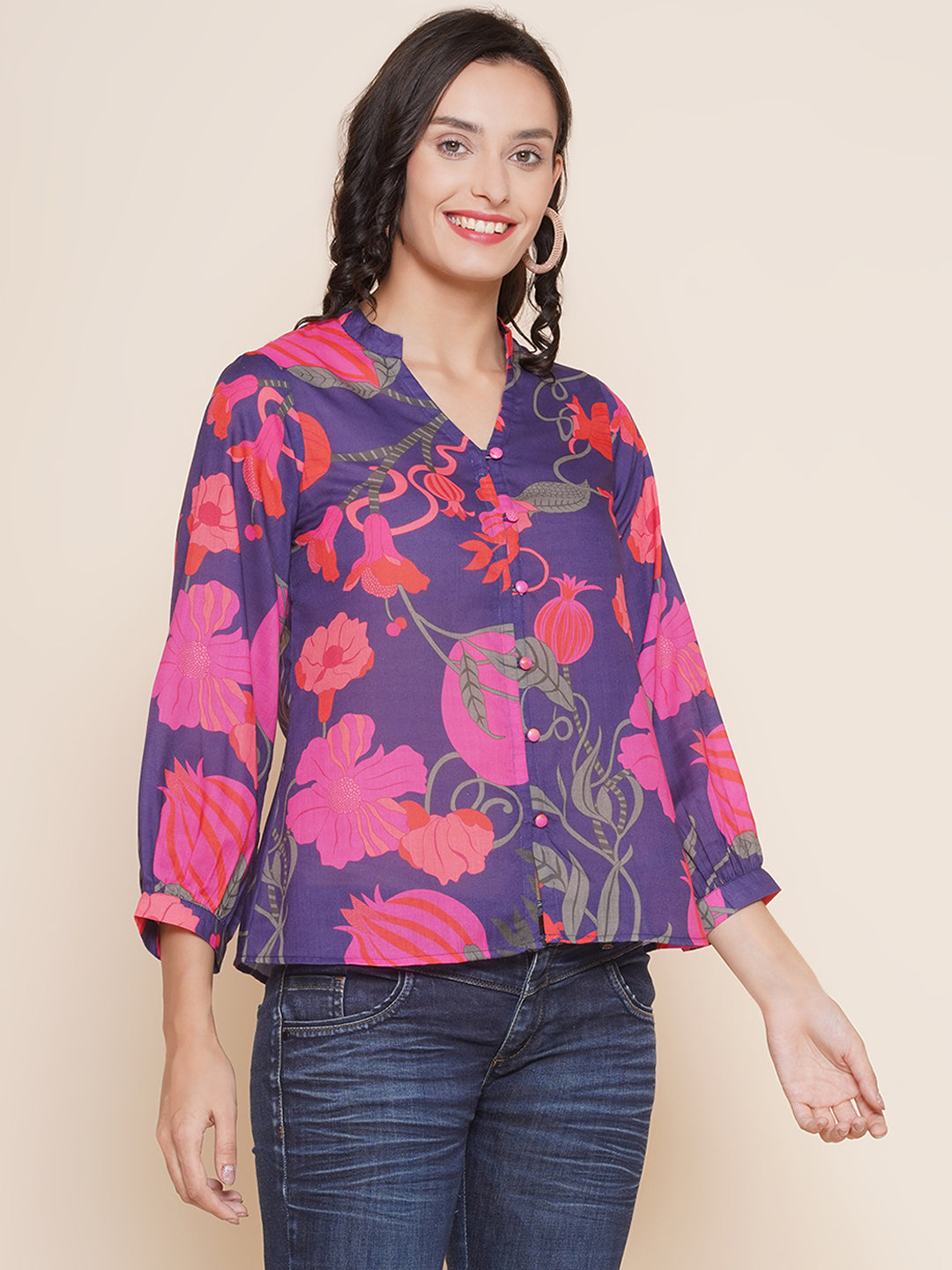 Bhama Couture Purple Printed Shirt Style Top