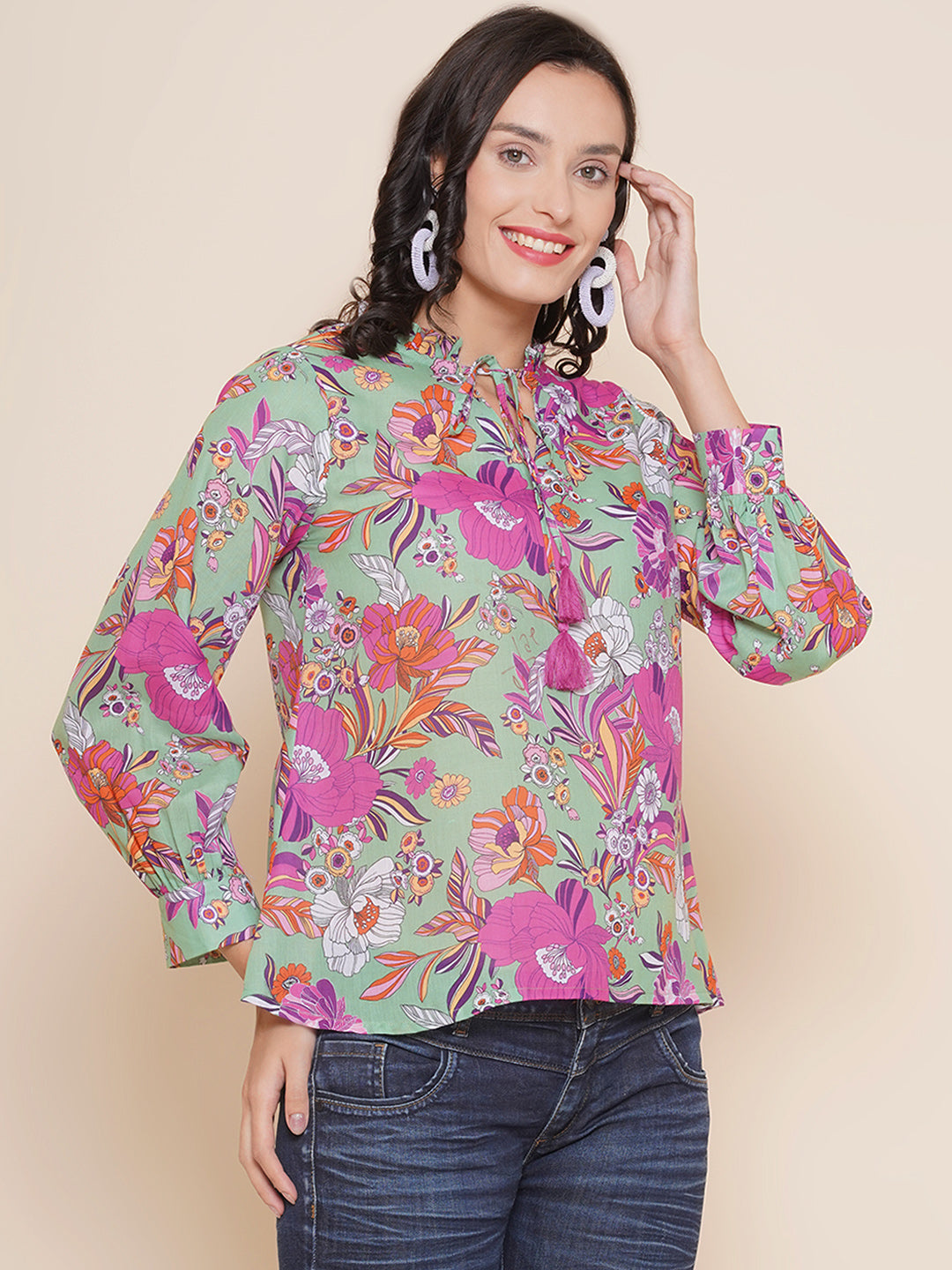 Bhama Couture Green Purple Floral Printed Top