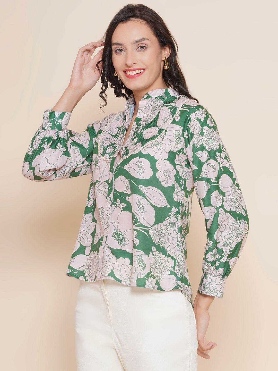 Bhama Couture Green & Off White Printed Shirt Style Top