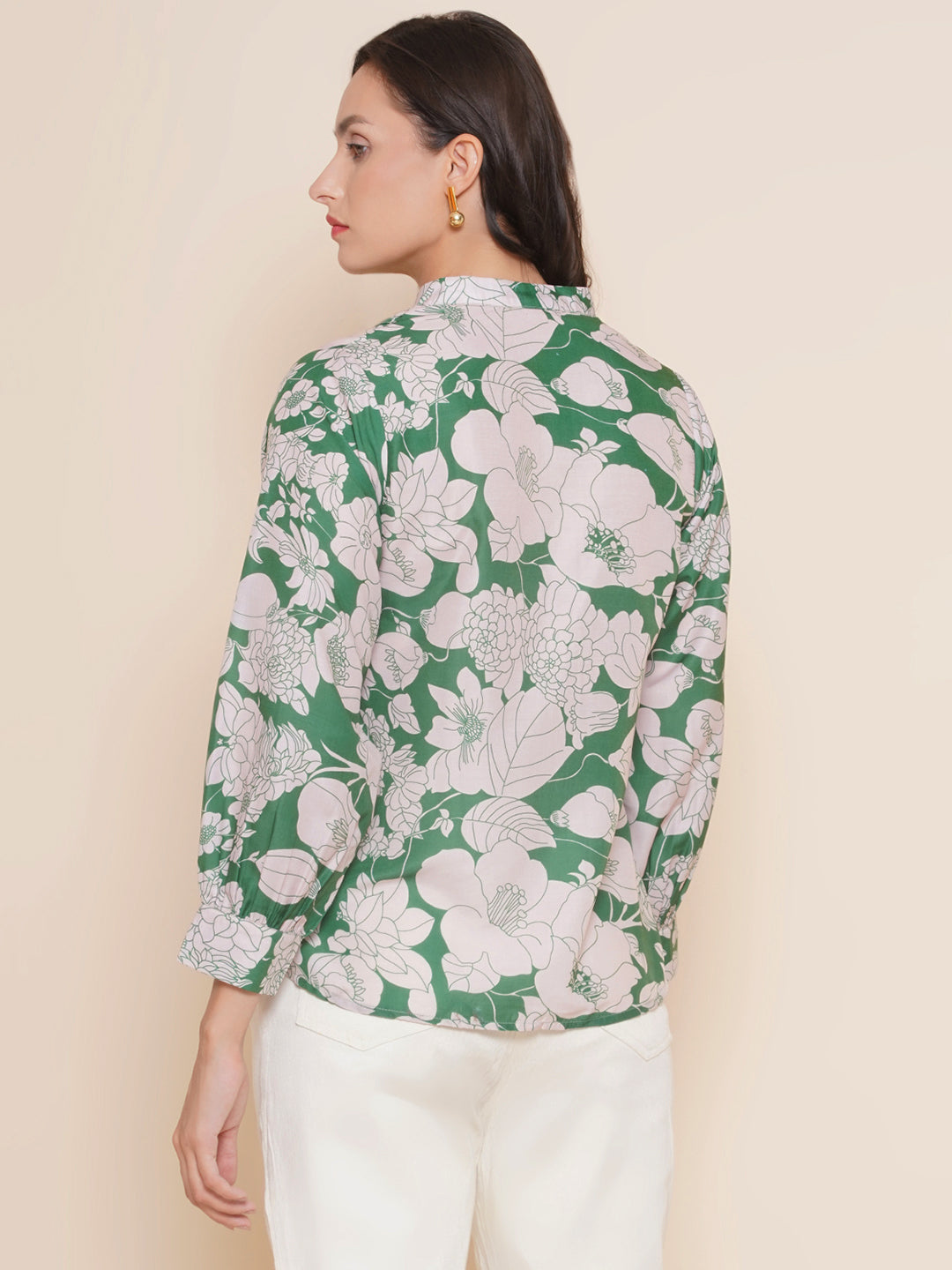 Bhama Couture Green & Off White Printed Shirt Style Top