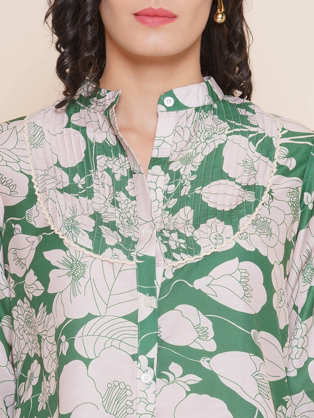 Bhama Couture Green & Off White Printed Shirt Style Top