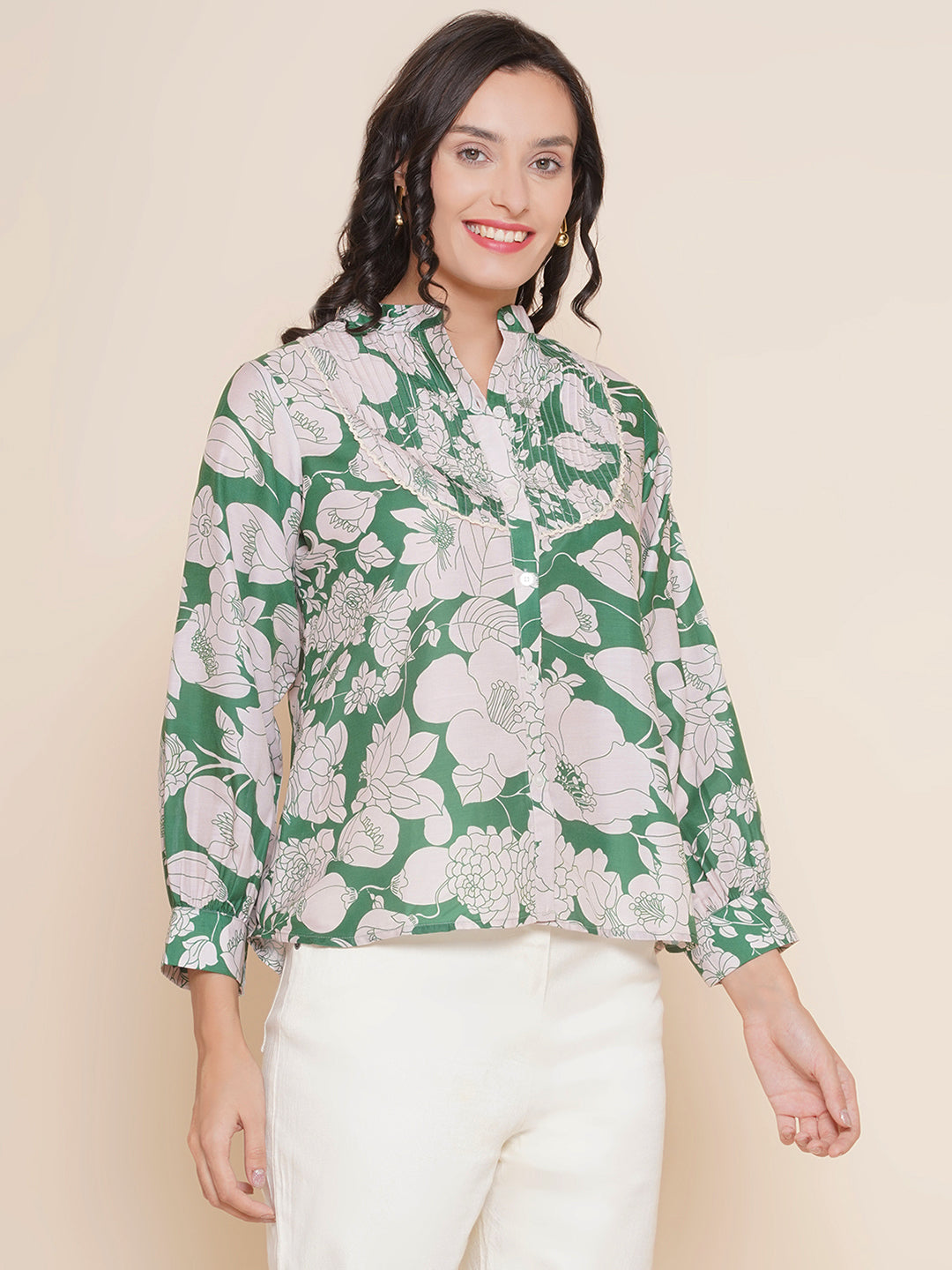 Bhama Couture Green & Off White Printed Shirt Style Top