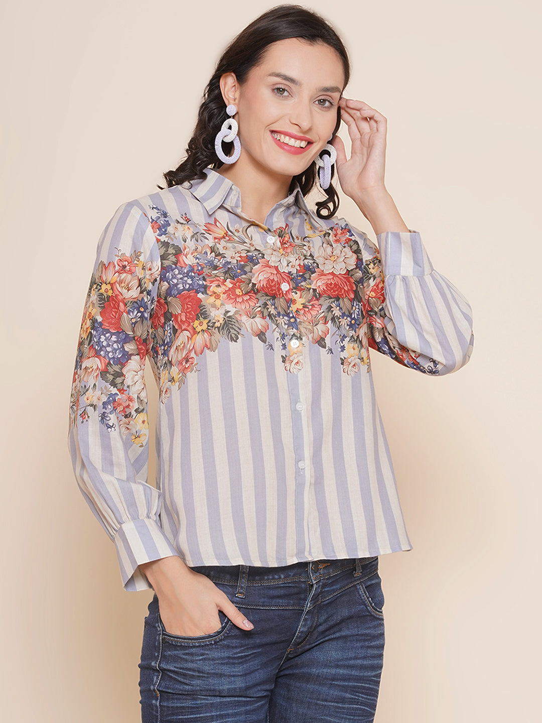 Grey floral shirt womens hotsell