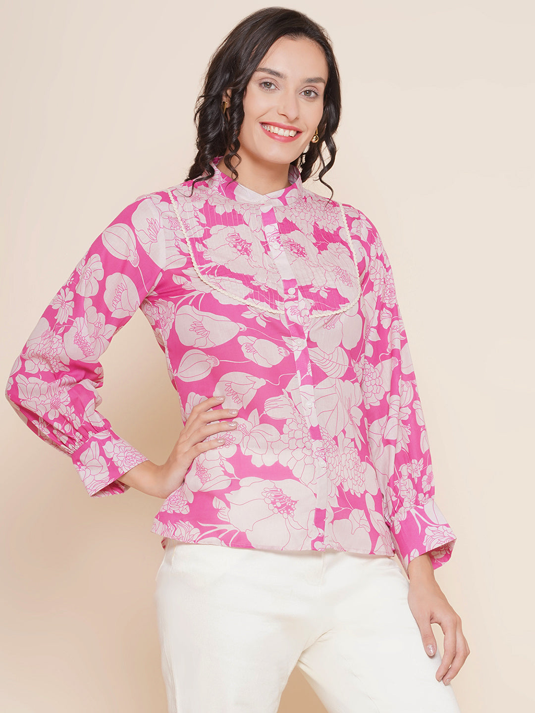 Bhama Couture Pink & Off White Printed Shirt Style Top