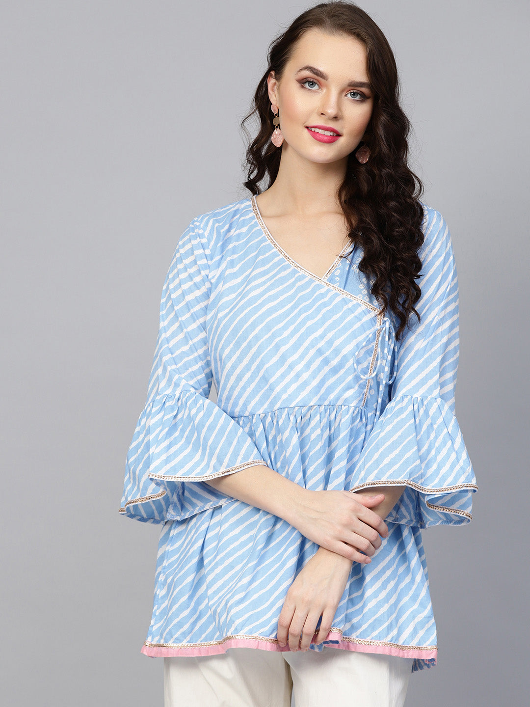 Bhama Couture Blue Leheriya Tunic With Bandhej Yoke