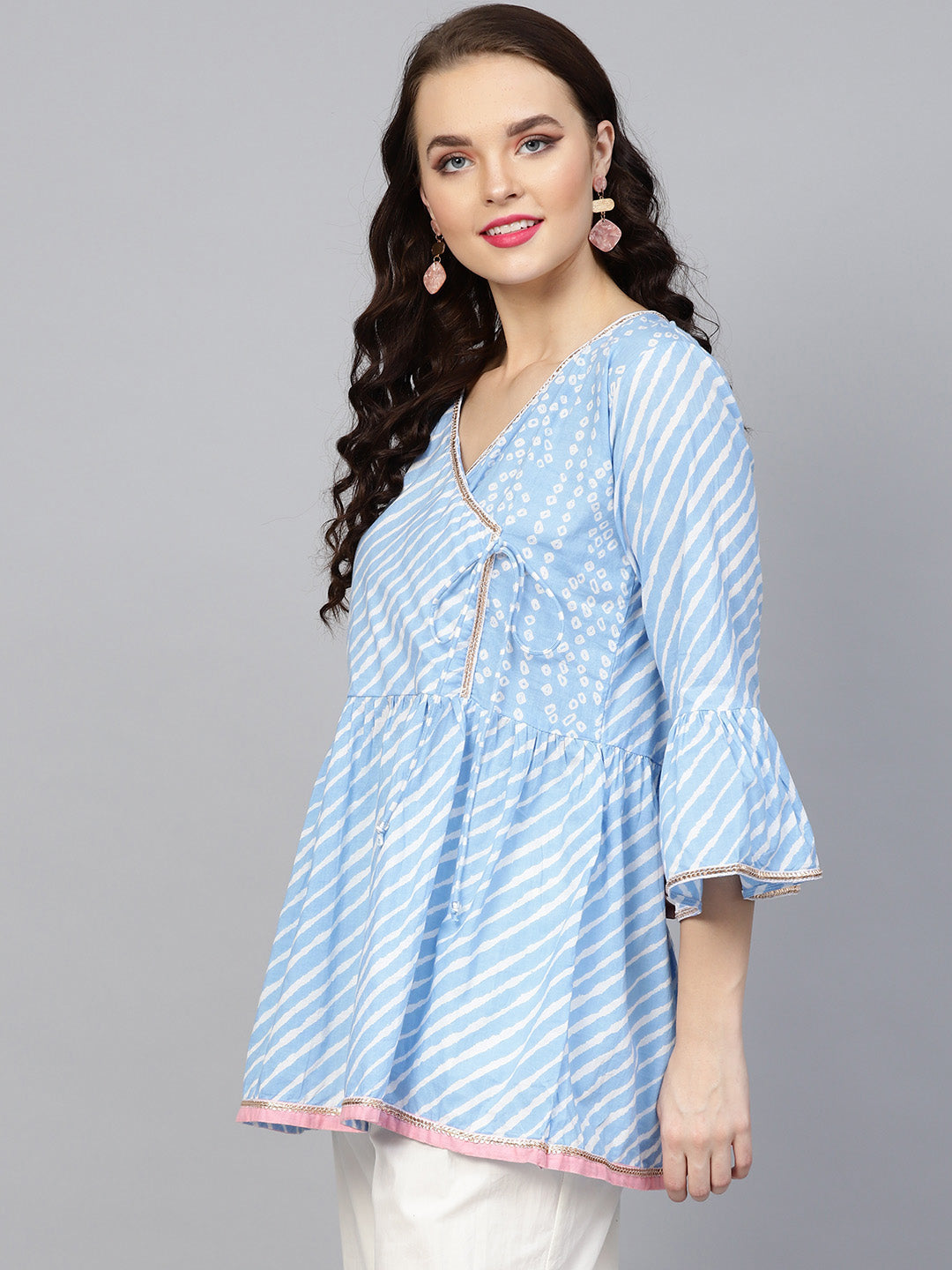 Bhama Couture Blue Leheriya Tunic With Bandhej Yoke