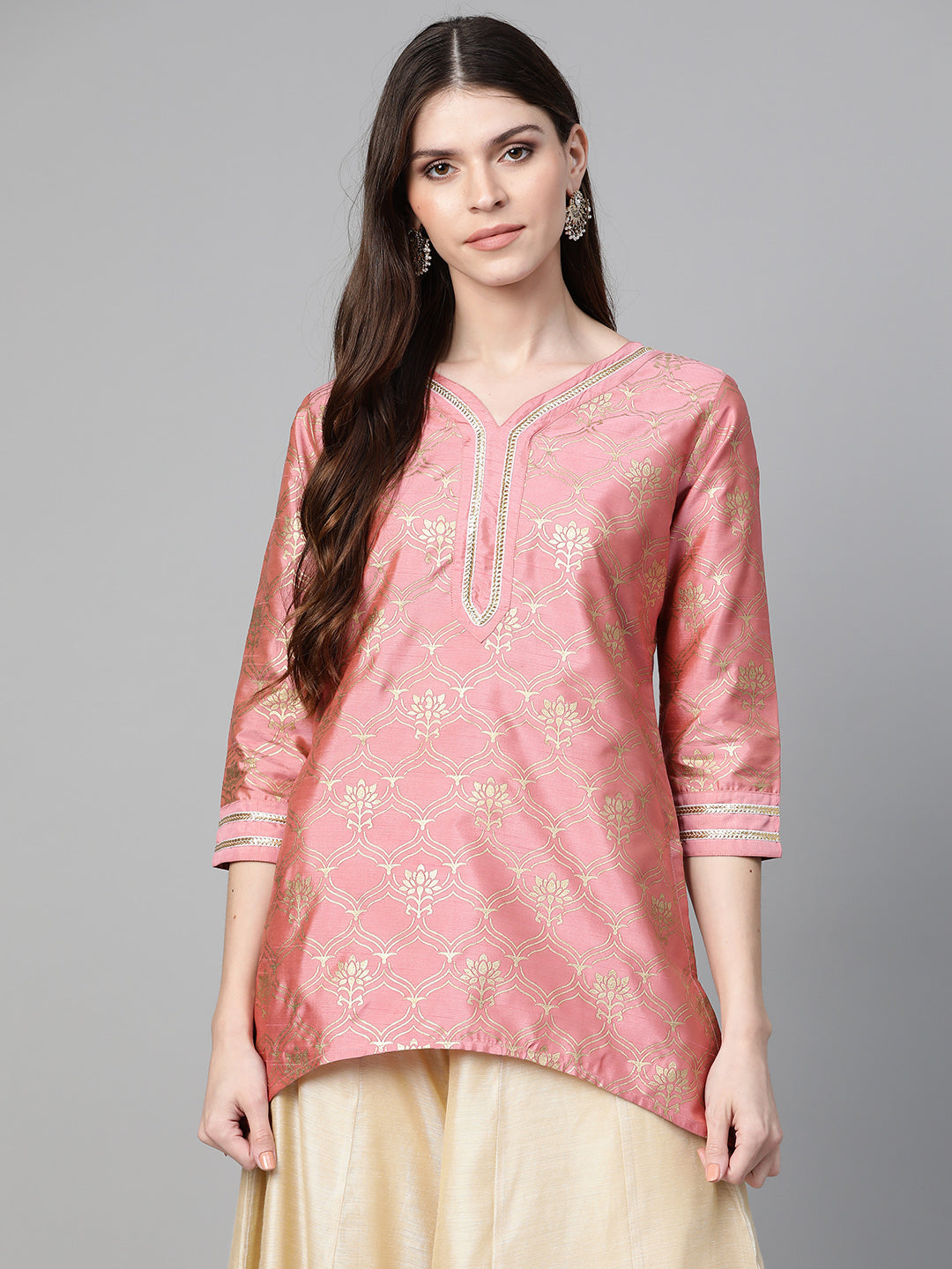 Bhama Couture Pink & Golden Printed Asymmetric Tunic
