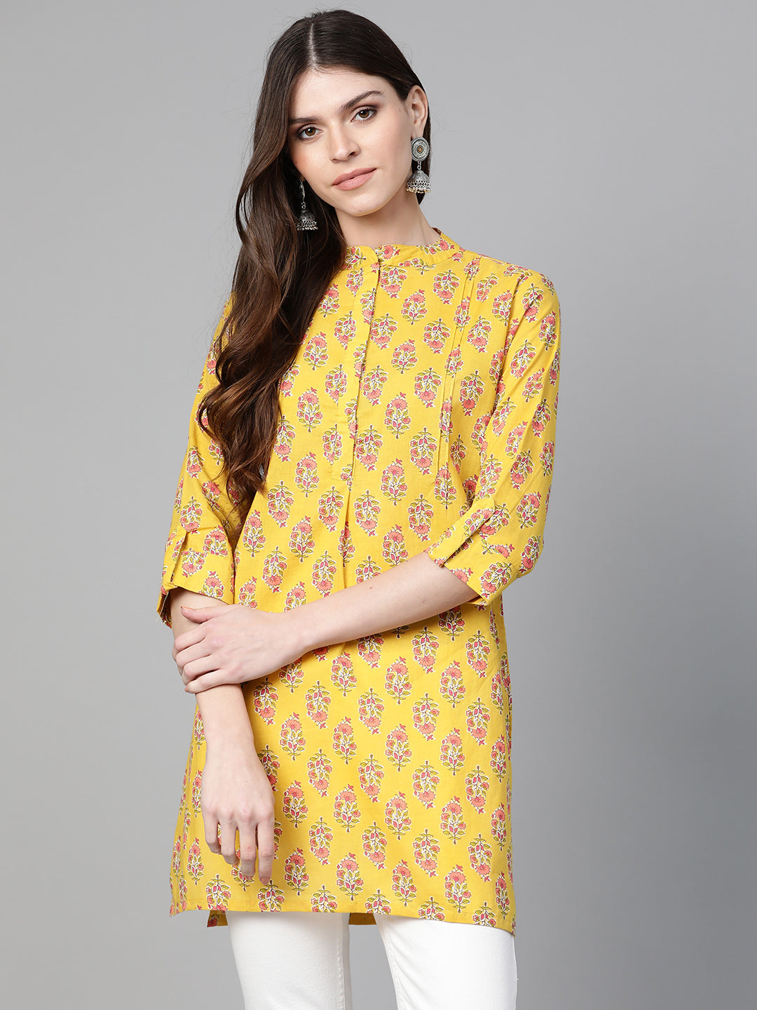 Bhama Cuture Mustard Yellow & Pink Floral Print Tunic