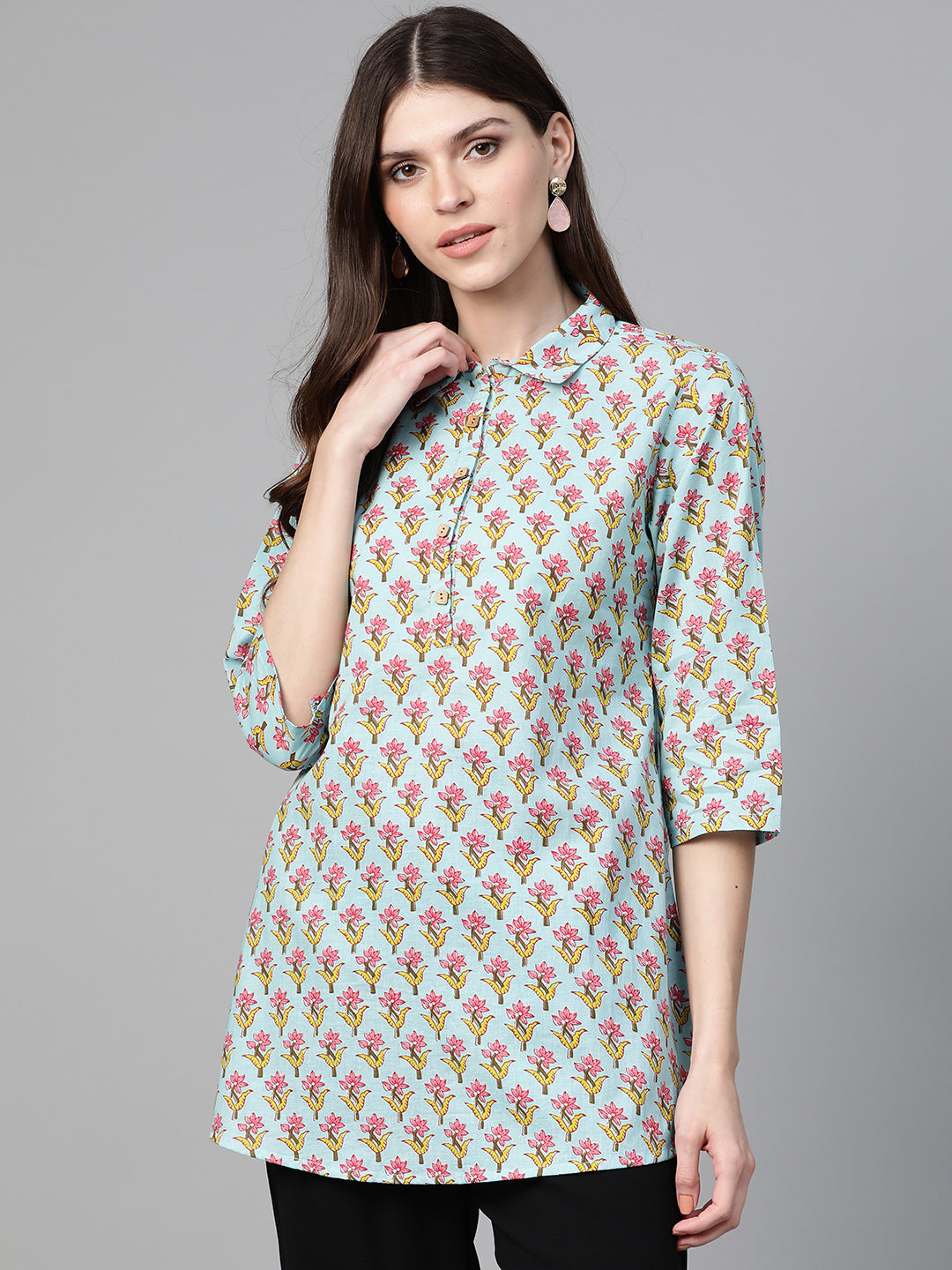 Bhama Cuture Blue & Pink Floral Print Shirt Tunic