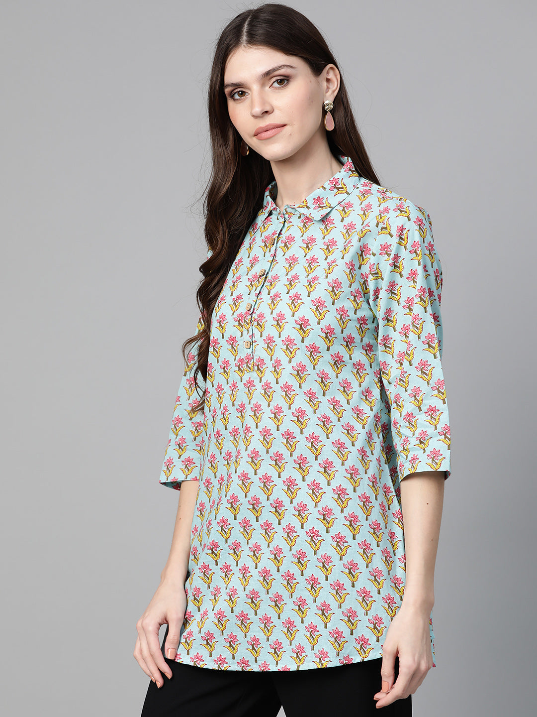 Bhama Cuture Blue & Pink Floral Print Shirt Tunic