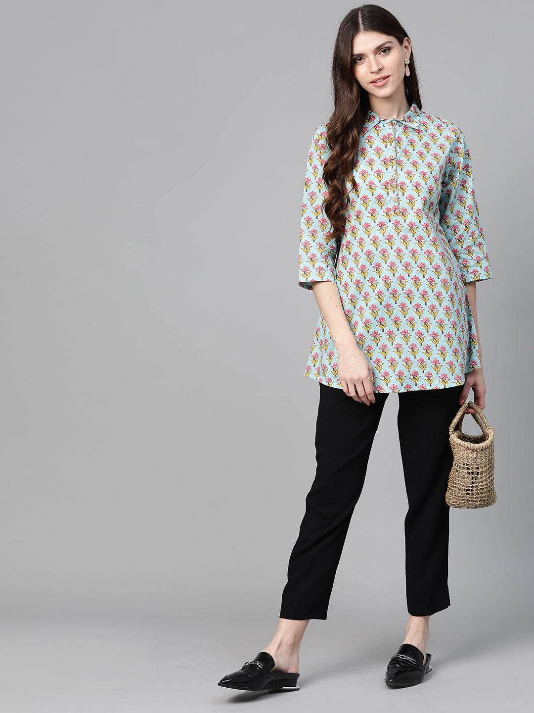 Bhama Cuture Blue & Pink Floral Print Shirt Tunic