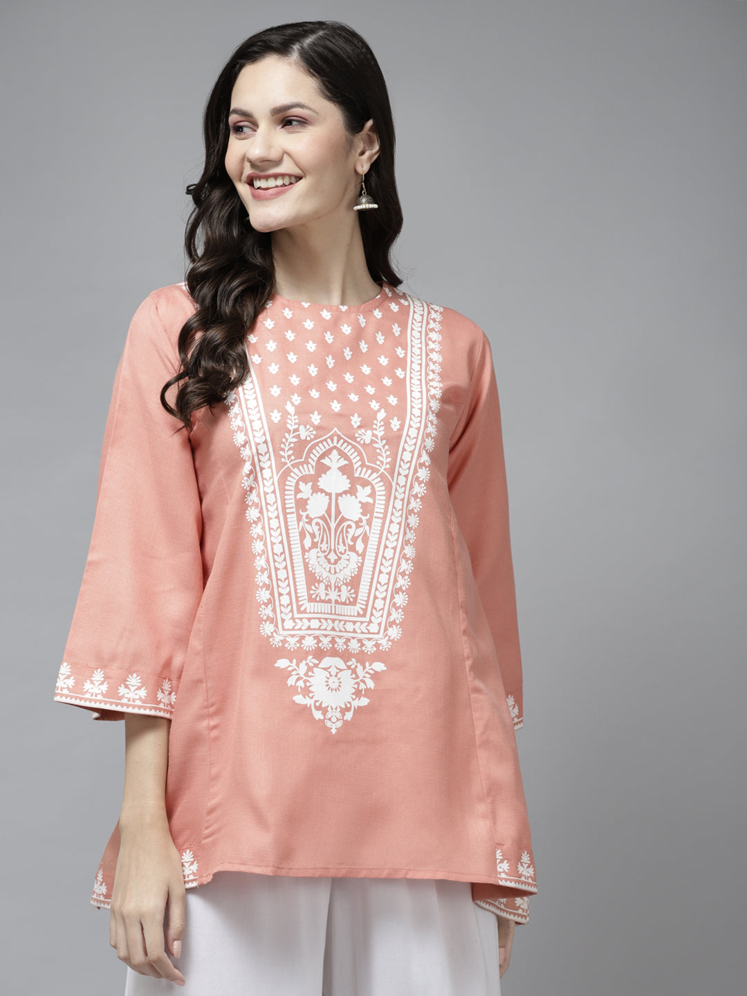 Bhama Couture Peach-Coloured & White Printed A-Line Tunic