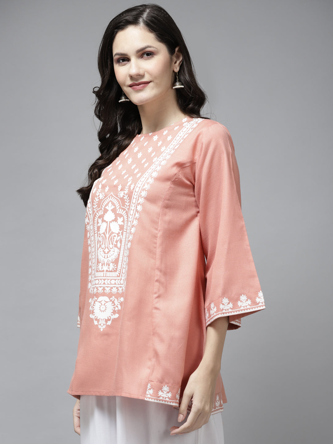 Bhama Couture Peach-Coloured & White Printed A-Line Tunic