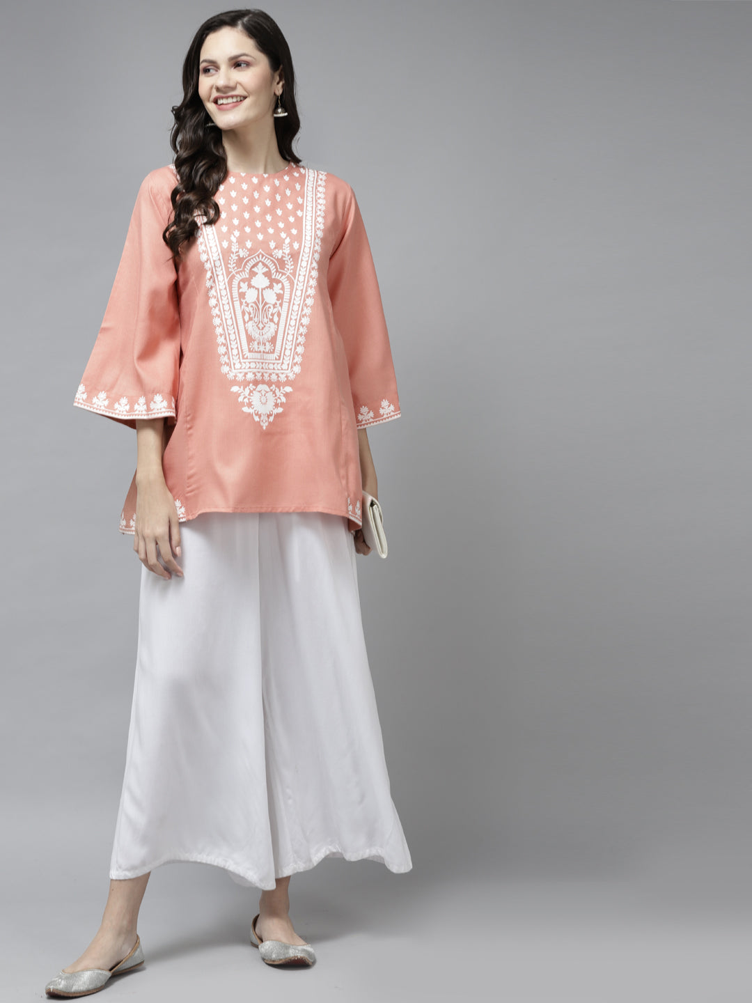 Bhama Couture Peach-Coloured & White Printed A-Line Tunic